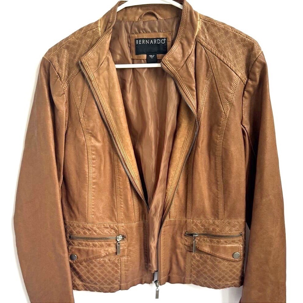 Vintage Y2K Faux Leather Moto Jacket Cognac Brown Indie Sleaze Biker Size M
